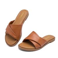 Womens Dressy Flat Sandals Open Toe Slip On Leather Slide Sandals Comfort Strappy Slippers for Summer