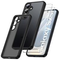 Qasyfanc Matt Cover Case Compatible with Samsung Galaxy A36 5G with 2 Pack Tempered Glass Screen Protector, Non-Yellowing Shockproof Phone Bumper Cover Hard PC Anti-Scratch Case Black