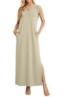 GRECERELLE Womens Dresses Summer Maxi Long Dress with Pockets V Neck Casual Dress for Women Elegant Ladies Holiday Sleeveless Split Hem