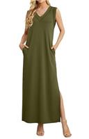 GRECERELLE Womens Dresses Summer Maxi Long Dress with Pockets V Neck Casual Dress for Women Elegant Ladies Holiday Sleeveless Split Hem