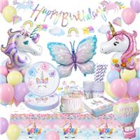Yosiio Unicorn Party Tableware Set - Birthday Decoration Set with Paper Plates, Cups, Napkins, Table Cloth, Balloons for Kids' Parties (16 Guests)