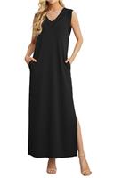 GRECERELLE Womens Dresses Summer Maxi Long Dress with Pockets V Neck Casual Dress for Women Elegant Ladies Holiday Sleeveless Split Hem