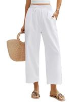 Niwicee Womens Trousers Summer 7/8 Length Cotton Cropped Trousers with Elasticated Waist Ladies Lightweight Wide Leg Lounge Pants Casual Hollow Beach Bottoms with Pockets