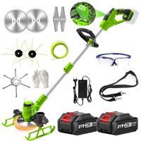 Garden Cordless Strimmer Grass Trimmer with 2 Batteries and Charger Grass Strimmer Lightweight, Retractable, Push Wheels Lawn Mower, for Garden Clearing Weeds Trees