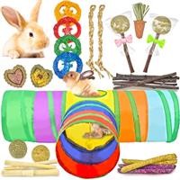 Ousiya 26-in-1 Natural Rabbit Toys with Rabbit Tunnel Set, Various Chew Toys Boredom Breakers Collapsible Tunnel and Hides for Rabbits, Hamster, Guinea Pig Small Animals Teething Activity