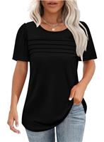 Aokosor T Shirts for Women Summer Tops Ladies Short Puff Sleeve Tshirt Pleated Front Curved Hem Tees Casual Loose Fit