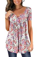 CHICZONE Womens Tunic Tops Plain Pleated V Neck Buttons Up Blouse Floral Printed Ladies Henley T-Shirt