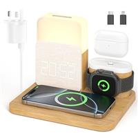 COLSUR 6 in 1 Wireless Charging Station, MagSafe 18W Wireless Charger with Alarm Clock, Night Light, Wireless Charger Stand for iPhone 16 15 14 13 12 11 X Pro Max, Apple Watch, AirPods