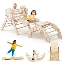 COSYLAND 3-in-1 Indoor Climbing Frame for Toddlers - Foldable Wooden Indoor Climbing Set with Ramp slide and Arch, Kids Wooden Gym for toddler age 1-3, Indoor Climbers Natural