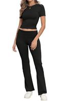 IWOLLENCE Loungewear Sets for Women UK Two Piece Outfit Short Sleeve Crop Top and High Elastic Waist Wide Leg Trousers Co Ord Set