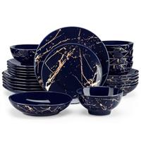 LOVECASA 'Daphne', 16 Pieces Porcelain Dinner Set Color Glaze with Gold Plate Crockery Set Kitchen Dinnerware Set with Dinner Plates, Dessert Plate, Bowls and Mugs, Service for 4, Blue