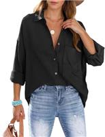 Xnova Womens Shirts Oversized Blouses Button Down, Collars Cotton Shirt Long Sleeve Tshirt with Pocket, Business Casual V Neck Blouse Tops Loose Shacket Elegant for Ladies