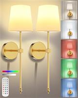 rhinowisdom Battery Operated Wall Lights, 5200mAh Rechargeable Wall Lights Indoor with 15 Lighting Colors, Wireless Wall Sconces Set of 2 with Remote for Bedroom, Living Room, and Hallway (Gold)