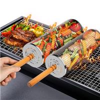 Rolling Grill Baskets 2PCS with Removable Wooden Handles(30 x 10cm),BBQ Vegetable Rolling Grill Basket, Outdoor Cooking Camping,BBQ Accessory Gifts for Men