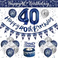 Blue and Silver Birthday Decorations for Boys, Happy Birthday Banner Party Decorations, Birthday Balloons, Navy Blue and Sliver Balloons Cake Topper for Boys Men Birthday Party Supplies