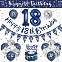 Blue and Silver Birthday Decorations for Boys, Happy Birthday Banner Party Decorations, Birthday Balloons, Navy Blue and Sliver Balloons Cake Topper for Boys Men Birthday Party Supplies