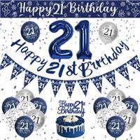 Blue and Silver Birthday Decorations for Boys, Happy Birthday Banner Party Decorations, Birthday Balloons, Navy Blue and Sliver Balloons Cake Topper for Boys Men Birthday Party Supplies