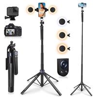 Avaspot 71" Phone Tripod with 2 LED Fill Lights & Removable Remote, All-in-One Extendable Selfie Stick Tripod for iPhone, Android & Camera, Ideal for Selfies, Vlogging & Video Recording