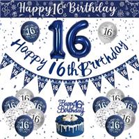 Blue and Silver Birthday Decorations for Boys, Happy Birthday Banner Party Decorations, Birthday Balloons, Navy Blue and Sliver Balloons Cake Topper for Boys Men Birthday Party Supplies