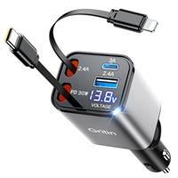 Gritin Retractable Car Charger, 69W Super Fast 4 in 1 USB C Car Charger Adapter with Smart Device-Adaptive Charging Technology&Instant Voltage Display, For iPhone 16 15,Android etc