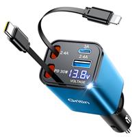 Gritin Retractable Car Charger, 69W Super Fast 4 in 1 USB C Car Charger Adapter with Smart Device-Adaptive Charging Technology&Instant Voltage Display, Accessories for iPhone 16 15,iPad,Android etc