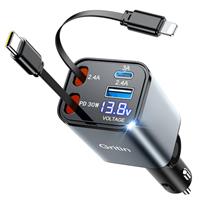 Gritin Retractable Car Charger, 69W Super Fast 4 in 1 USB C Car Charger Adapter with Smart Device-Adaptive Charging Technology&Instant Voltage Display, Accessories for iPhone 16 15,iPad,Android etc