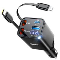 Gritin Retractable Car Charger, 69W Super Fast 4 in 1 USB C Car Charger Adapter with Smart Device-Adaptive Charging Technology&Instant Voltage Display, Accessories for iPhone 16 15,iPad,Android etc