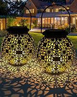 2025 Newest Solar Lanterns Light, KALAHOL 2 Pack Outdoor Lanterns for Garden with Beautiful Pattern, Outdoor Hanging Garden Solar Lights for Outside Patio Table Balcony Courtyard