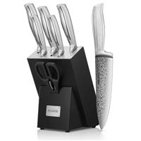 FOHERE Kitchen Knife Set, Knives Set with Advanced Self Sharpening Technology, Waved Texture Knife Set with Block, Stainless Steel Kitchen Knives, Sharp Knives with Non-Slip Ergonomic Handle