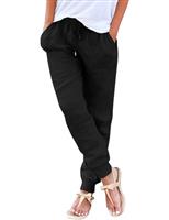 Yuson Girl Womens Linen Trousers Summer Beach Trousers Casual Elastic Waist Tapered Trousers with Drawstring Pockets Harem Pants Lightweight Lounge Pants for Holiday