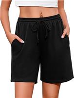 Demegimi Women's Running Shorts Cotton Bermuda Gym Sweat Shorts High Waisted with Pockets Workout Cycling Athletic Hiking Jogging