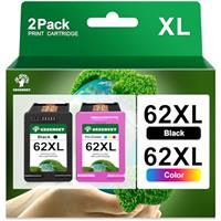 GREENSKY 62XL Ink Cartridges Replacement for HP62 HP 62XL 62 Ink Cartridges Twin Pack for HP Envy 5540 5640 5546 5544 7640 5644 5541 5646 5542 OfficeJet 250 200 5740 5742 (1 Black, 1 Tri-colour)
