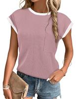Flikity Women's Short Sleeve T Shirts Crewneck Color Block Ribbed Knit Tee Blouses 2025 Trendy Summer Tops