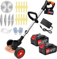 Garden Strimmer 21V Cordless Strimmer with 2pcs Batterie&3 types of blades Lightweight Battery Strimmer 3 in 1Grass Trimmer/Edger/brush cutte, Electric Strimmer for Lawn Garden Pruning