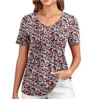 GRECERELLE Womens V Neck Tops Summer Ladies Short Sleeve T-Shirt Elegant Button Casual Basic Pleated Floral Blouse Shirts