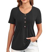 GRECERELLE Womens V Neck Tops Summer Ladies Short Sleeve T-Shirt Elegant Button Casual Basic Pleated Floral Blouse Shirts