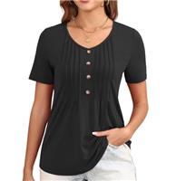 GRECERELLE Womens V Neck Tops Summer Ladies Short Sleeve T-Shirt Elegant Button Casual Basic Pleated Floral Blouse Shirts