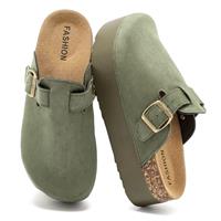 Platform Suede Clogs for Women, Soft Cork Footbed Mules with Adjustable Buckle, Closed Toe Leather Boston Potato Shoes, Arch Support Sandals