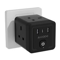 Multi Plug Adapter with 3 USB, AICODE 4 Way Multi Plug Extension with USB C,13A 3250W Cube Wall Socket with Switch,Wall Plug Extender Socket,Charger Block for Home Office Travel