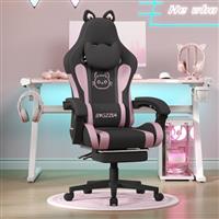 bigzzia Gaming Chair Cute with Cat Ears and Massage Lumbar Support, Ergonomic Computer Chair for Girl with Footrest and Headrest (Black and White)