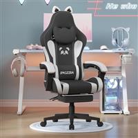 bigzzia Gaming Chair Cute with Cat Ears and Massage Lumbar Support, Ergonomic Computer Chair for Girl with Footrest and Headrest (Black and White)