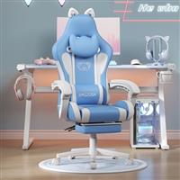 bigzzia Gaming Chair Cute with Cat Ears and Massage Lumbar Support, Ergonomic Computer Chair for Girl with Footrest and Headrest (Black and White)