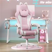 bigzzia Gaming Chair Cute with Cat Ears and Massage Lumbar Support, Ergonomic Computer Chair for Girl with Footrest and Headrest (Black and White)