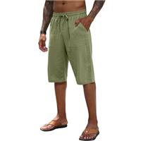Mens Linen Shorts Casual Cotton Summer Beach Elastic Trousers 3/4 Length Pants Shorts