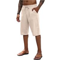 Mens Linen Shorts Casual Cotton Summer Beach Elastic Trousers 3/4 Length Pants Shorts