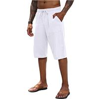 Mens Linen Shorts Casual Cotton Summer Beach Elastic Trousers 3/4 Length Pants Shorts