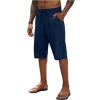 Mens Linen Shorts Casual Cotton Summer Beach Elastic Trousers 3/4 Length Pants Shorts