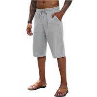 Mens Linen Shorts Casual Cotton Summer Beach Elastic Trousers 3/4 Length Pants Shorts