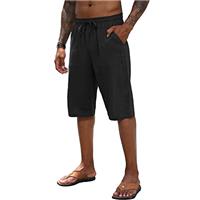Mens Linen Shorts Casual Cotton Summer Beach Elastic Trousers 3/4 Length Pants Shorts