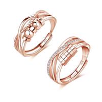 Deyanse Silver Anxiety Ring, 2PCS 925 Sterling Silver Fidget Rings for Anxiety, Adjustable Open Stress Relief Ring Set, Stress Spinner Rings with Beads Zirconia, Anti-Stress Thumb Rings for women Girl